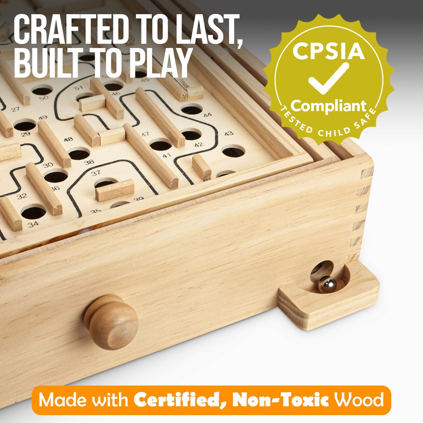 STERLING Wooden Labyrinth Marble Maze Game, Large 12.75" x 11.5" Tilt Maze Game Board with 60 Waypoints and Marble Balls Included, for Kids and Adults