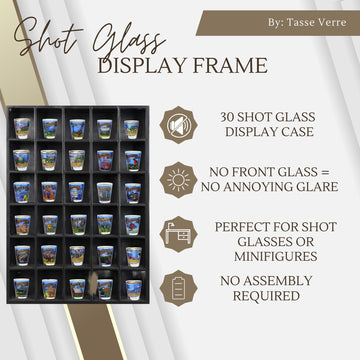 Tasse Verre 30 Shot Glass Shelf Display Case (1-Pack) - Large Wooden Collectibles Rack - Wall Mounted Black Bar Shadow Box Minifigure Storage
