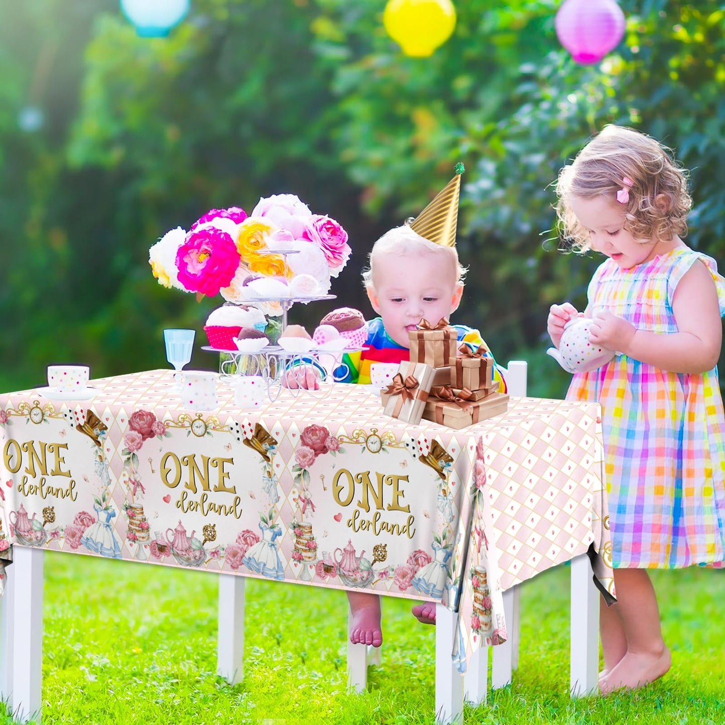 Gumwaqu Wonderland Birthday Tablecloth,Tea Birth-Day Decoration 3pcs Onderland Baby Shower Table Covers,Waterproof Plastic Wonderland 1st Birth-Day