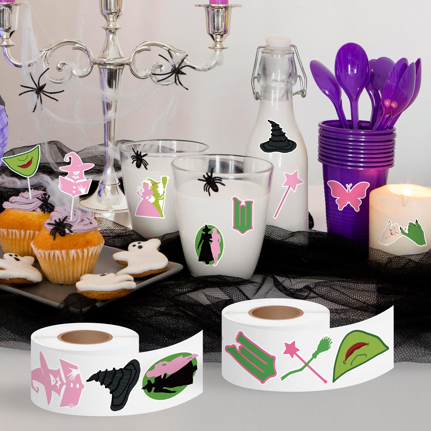 GUjianzhi 1000Pcs Witch Musical Stickers, Pink Crown Black Hat Green Broom Adhesive Decals for Kids Girls, Wicky Witch TV Movie Merchandise Party