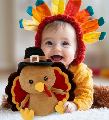 DolliBu Super Soft Pilgrim Turkey Stuffed Animal - Cute Thanksgiving Plush Toy to Give Thanks, Fall Harvest Decor Table Centerpiece - 10 Inches