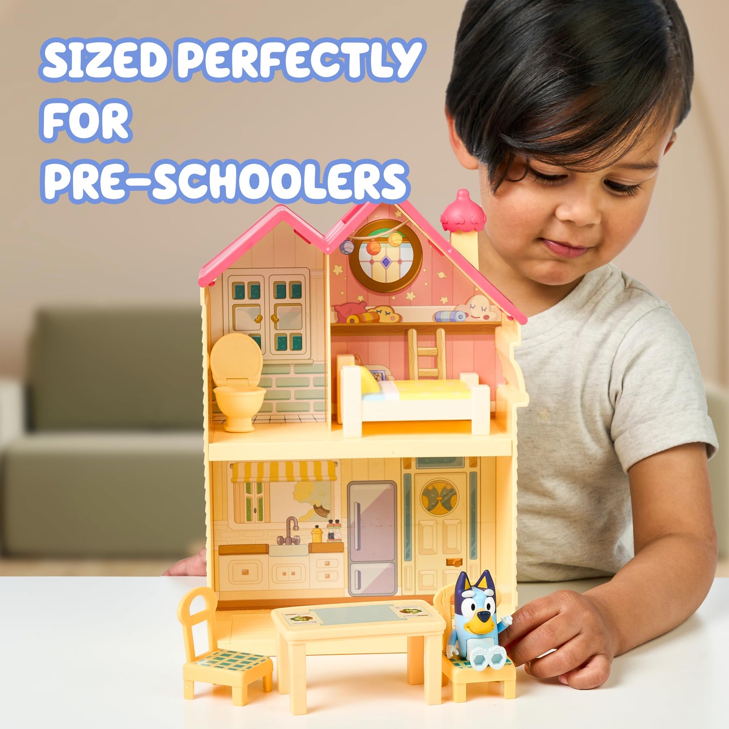 Mini House Playset with 2.5" Figure & 5 Accessories, 3 Room Play House Toys with Carry Handle, Compact Travel Toy