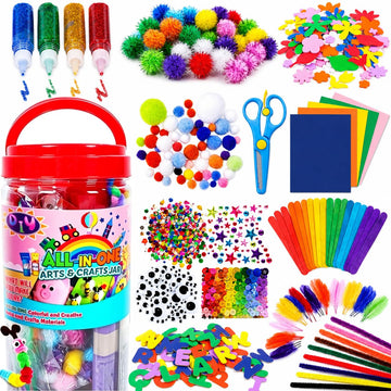 FUNZBO Arts and Crafts Supplies for Kids - Toddlers Craft Kit with Glitter Glue Stick, Pipe Cleaners, Pom Poms, Popsicle Sticks Tools, DIY School