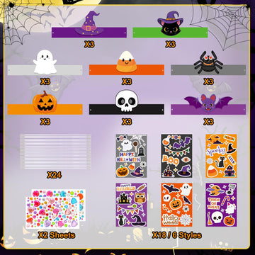 Sealmic 24 Set Halloween Crown Headband Paper Adjustable Hats with Elastic Bands with Themed Stickers Activities Party Favors Pumpkin Ghost Bat