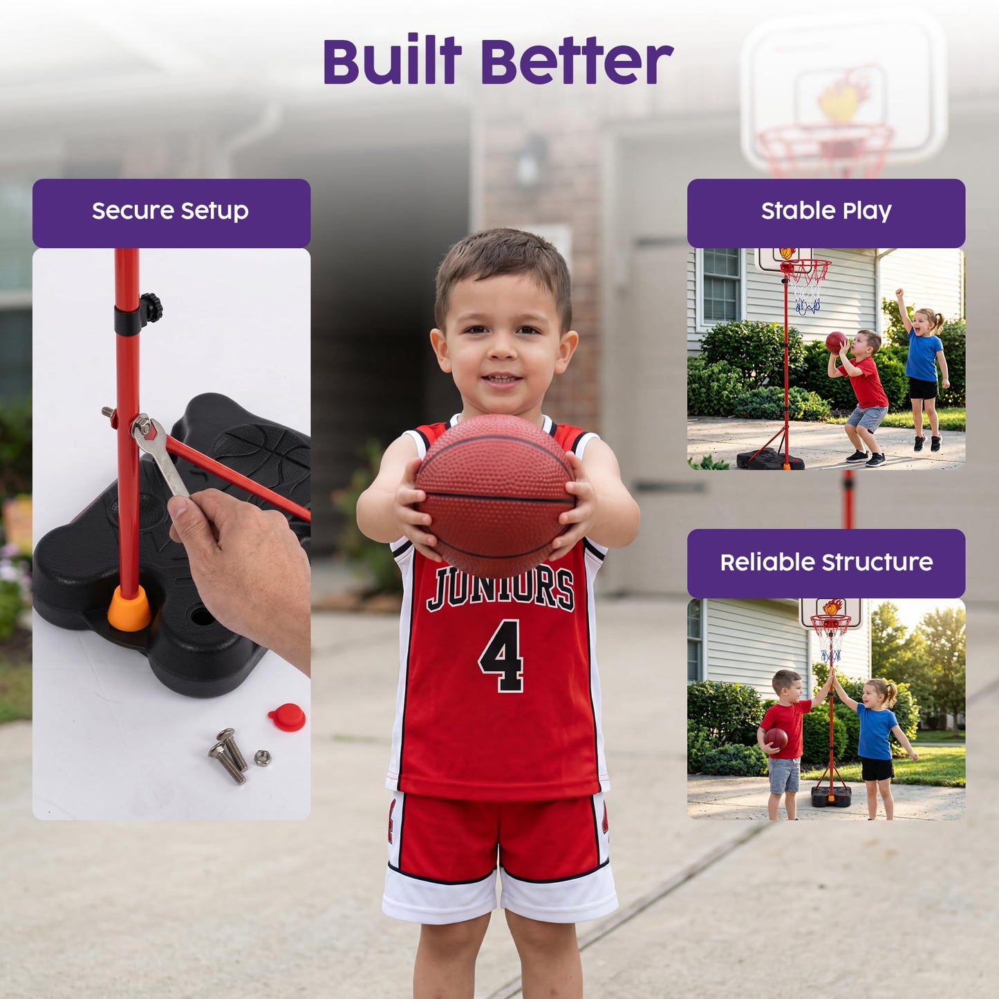 Kids Basketball Hoop Set with T Ball Stand, 4 in 1 Adjustable Kids Sports Toy Indoor Outdoor, Basketball Goal for Kids 2 to 8, Easy Setup, Durable