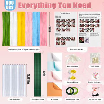 600 PCS Pipe Cleaner Flower Kit, 6-Color Bulk Chenille Stems with Glue Gun & 10 Glue Sticks for DIY Crafts & Holiday Decorations
