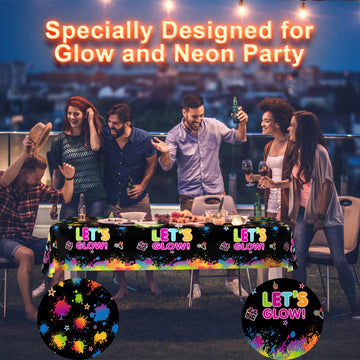 1 Pack Let's Glow Tablecloth- Neon Party Table Cover, Disposable Plastic Rectangle Glow in the Dark Tables Cloth for Neon Black Light Glow Party