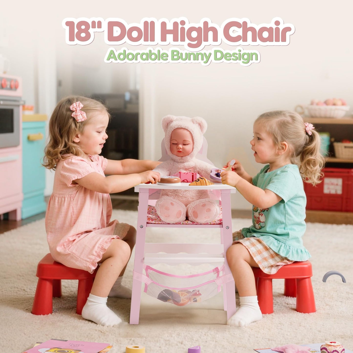 ROBOTIME Wooden Baby Doll High Chair - Pretend High Chair Toys for 18" Dolls - Doll Feeding Chair Toy with Tray - Baby Doll Furniture for Girls Ages