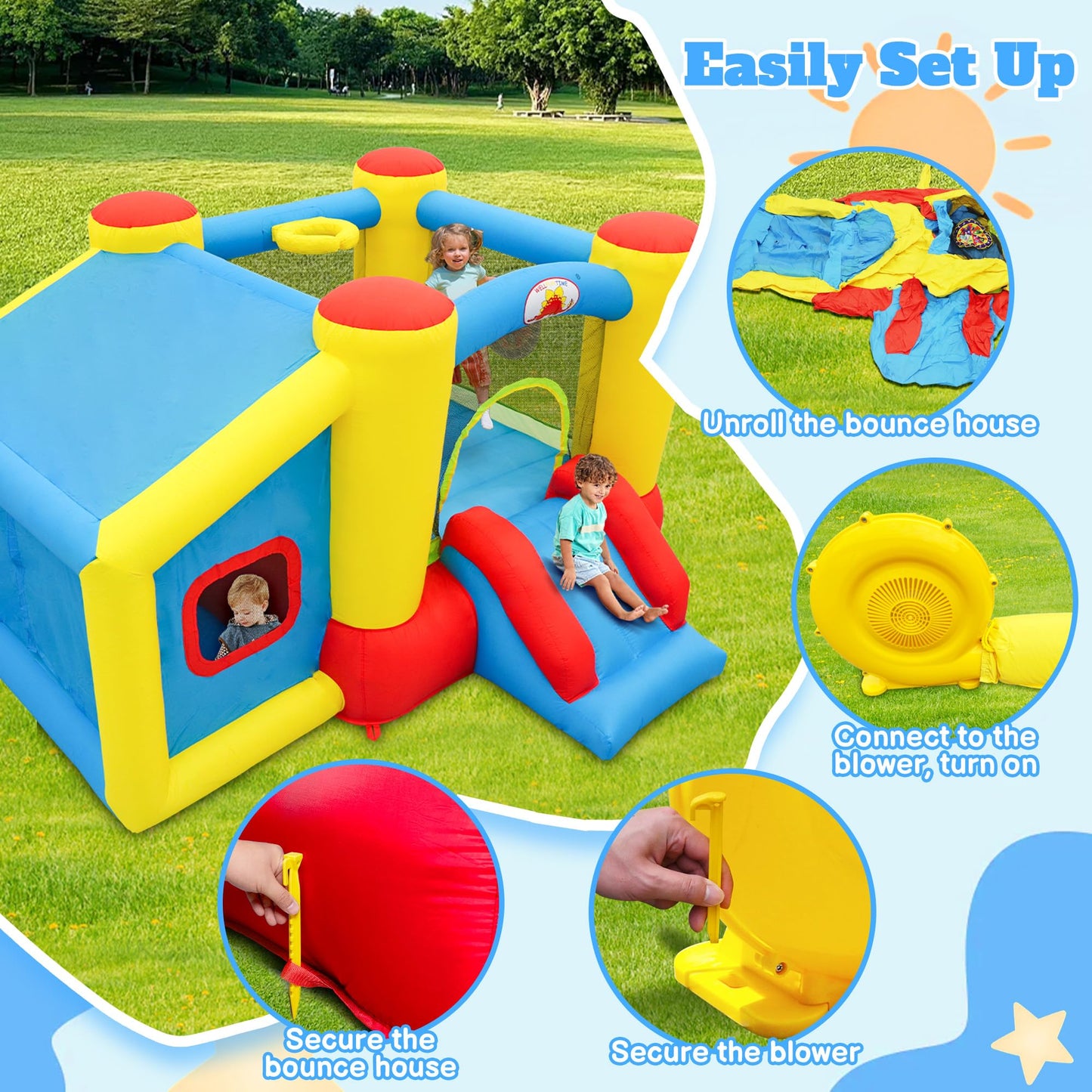 WELLFUNTIME Inflatable Bounce House with Blower, Jumping Castle Slide