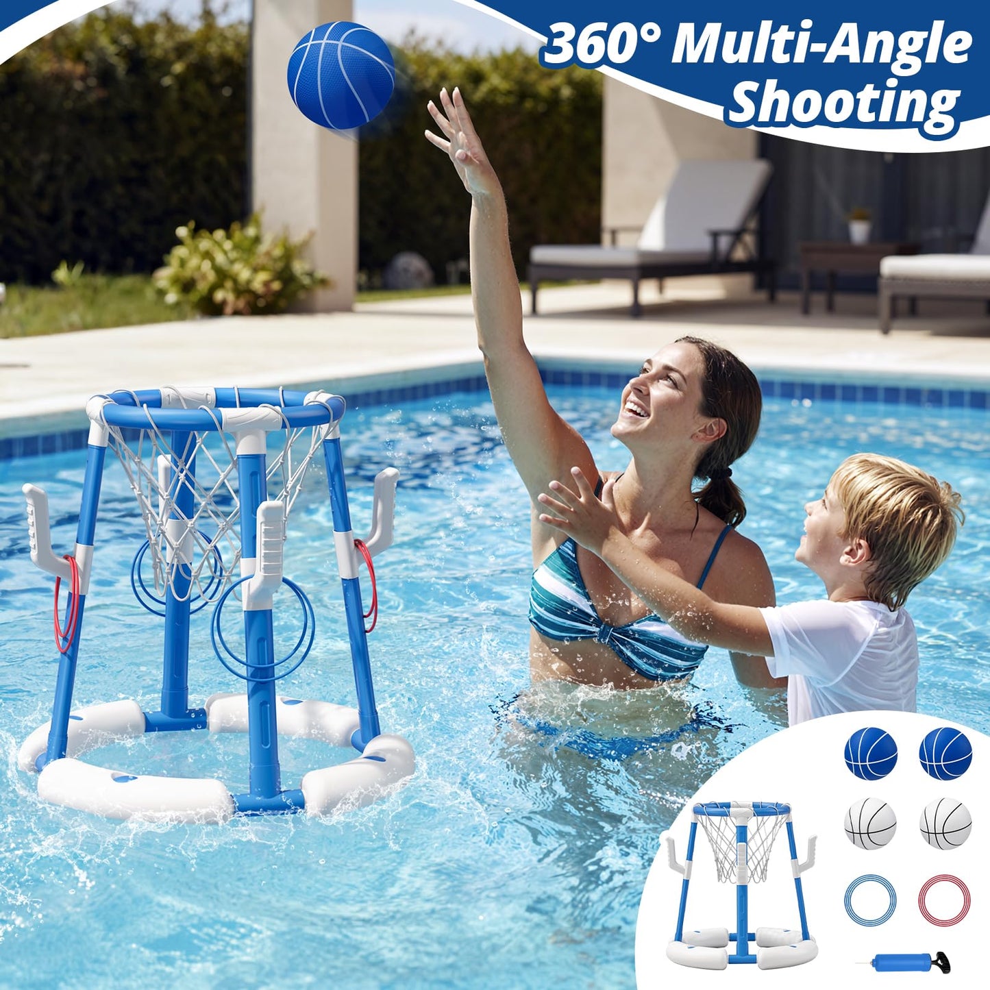HYES 2 in 1 Pool Basketball Hoop, Floating Pool Toys, Blue