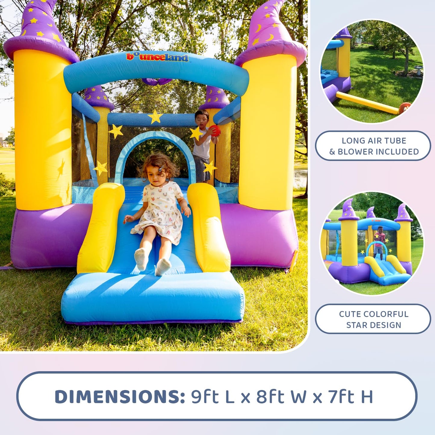 Wizard Inflatable Bounce House Bouncer, Spacious Bouncing Area with Fun Slide, Safe hook-and-loop fastener Entrance, Basketball Hoop, Fun Party Wizard
