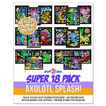 Stuff2Color Axolotl Splash! Fuzzy Velvet Coloring Posters - Super Pack of 18 Cute Axolotl & Ocean Animal Coloring Pages for Kids | Arts & Crafts