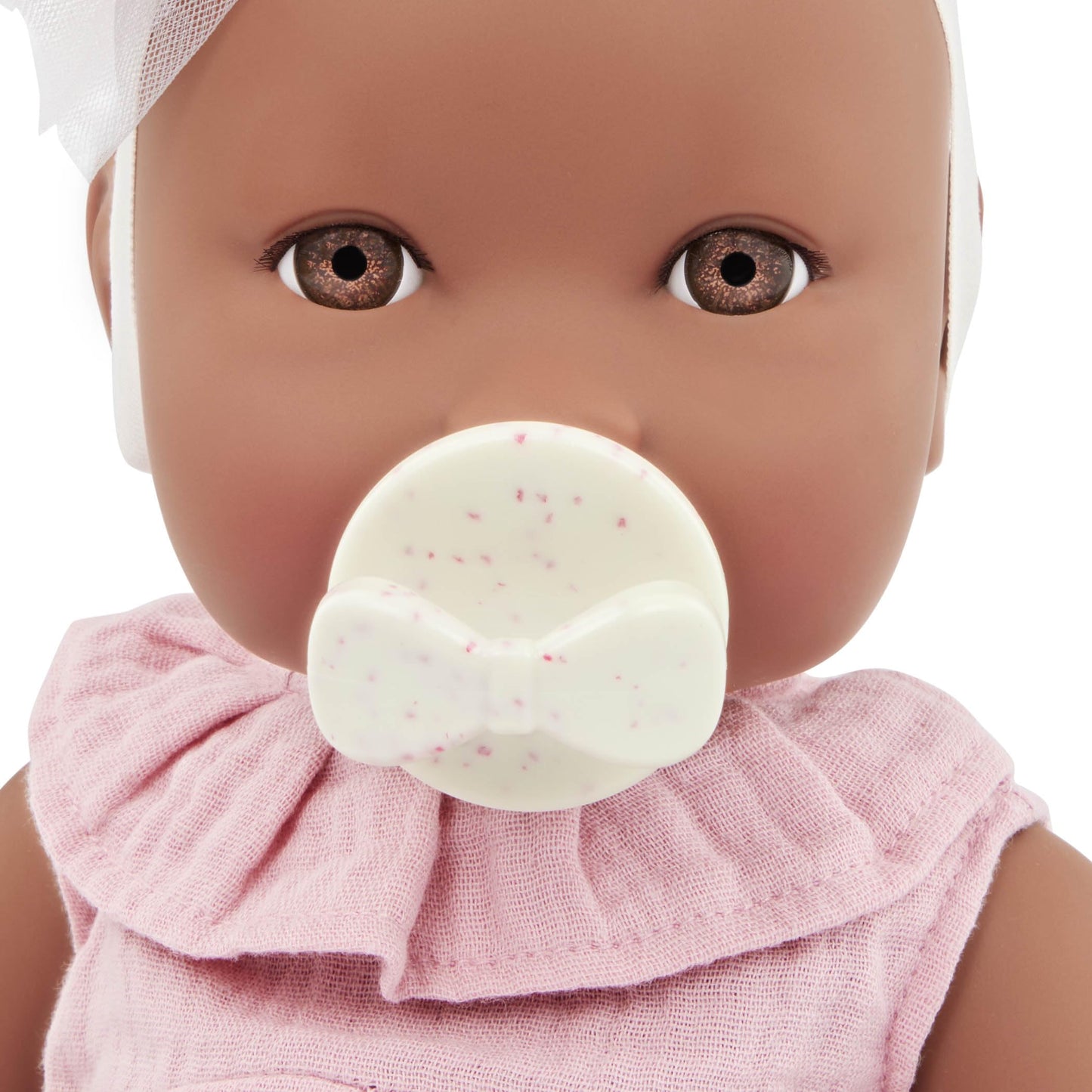 LullaBaby - 14-Inch Realistic Baby Doll - Brown Eyes, Warm Skintone & Soft Huggable Body - Pink Jumper Outfit with Bow Headband - Removable Clothes