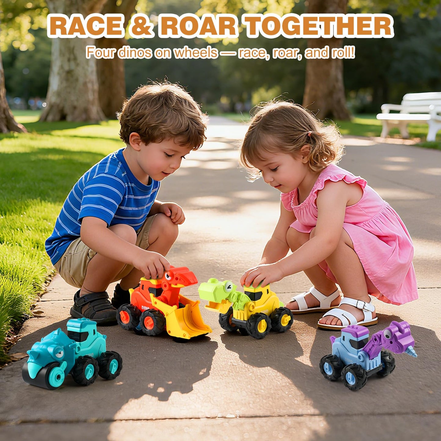 Dinosaur Push Cars for Toddlers 1-3 - 4 Pack Press & Go Dino Vehicles with T-Rex, Triceratops, Raptor & Brachiosaurus, Friction Powered Baby Car Toys