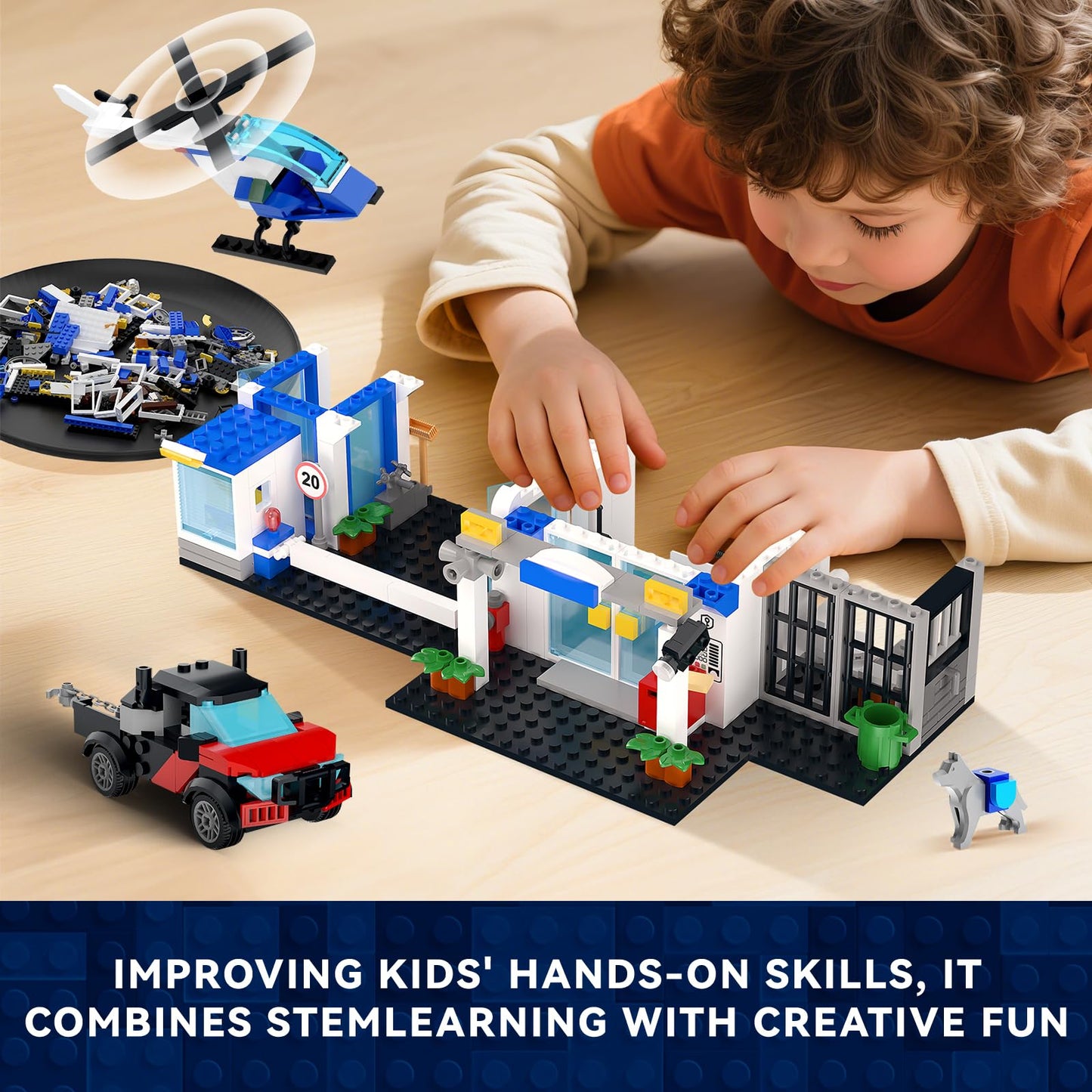 BUILDIFY City Police Station Building Block Set with Light, 634 PCS HQ Station Kits with Helicopter, Police Car and Motorcycle. Ideal as a Birthday