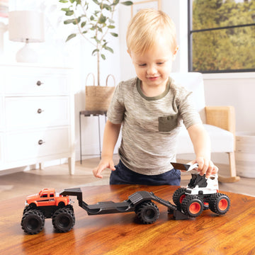 TOMY Monster Treads Bobcat Hauling Playset - Includes Bobcat Monster Truck, Trailer, and Skid Steer - Construction Toys with Bouncy Heavy Duty Tires