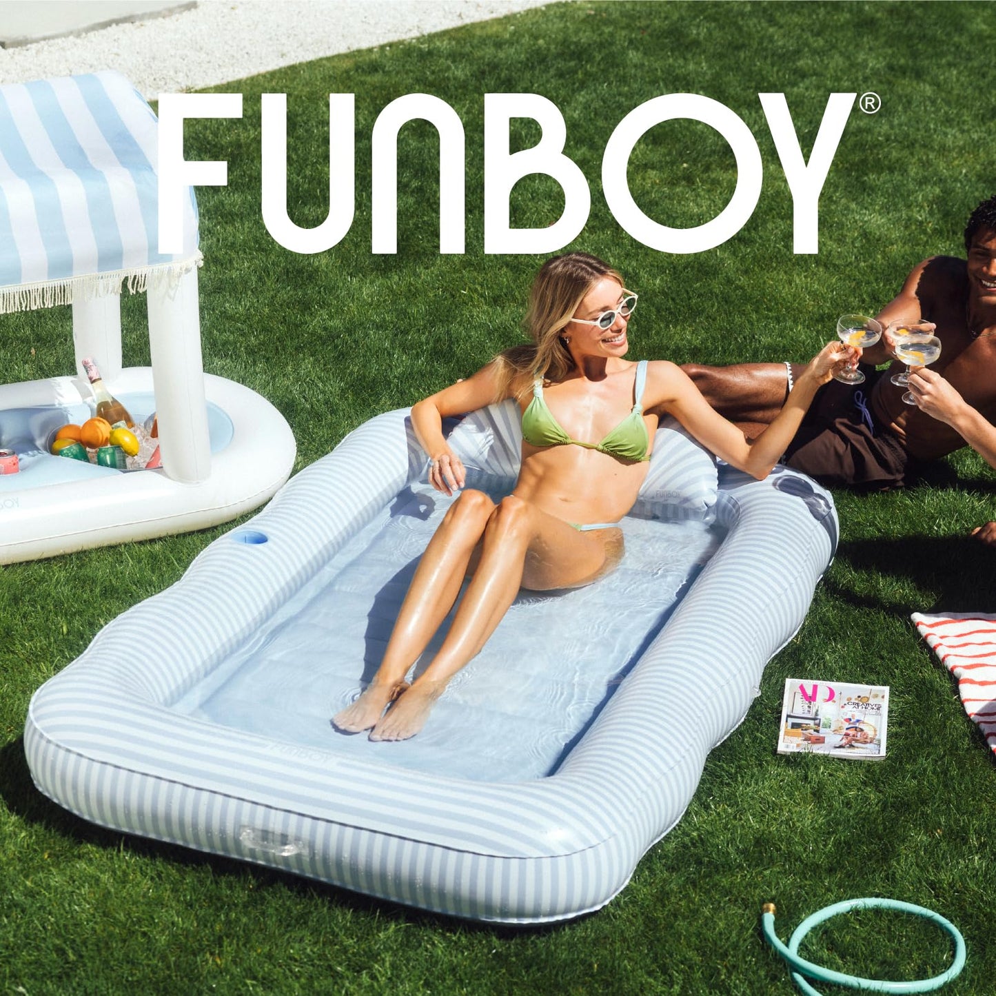 FUNBOY XL Blue Stripe Tanning Pool Float with Pillow & Cup Holder