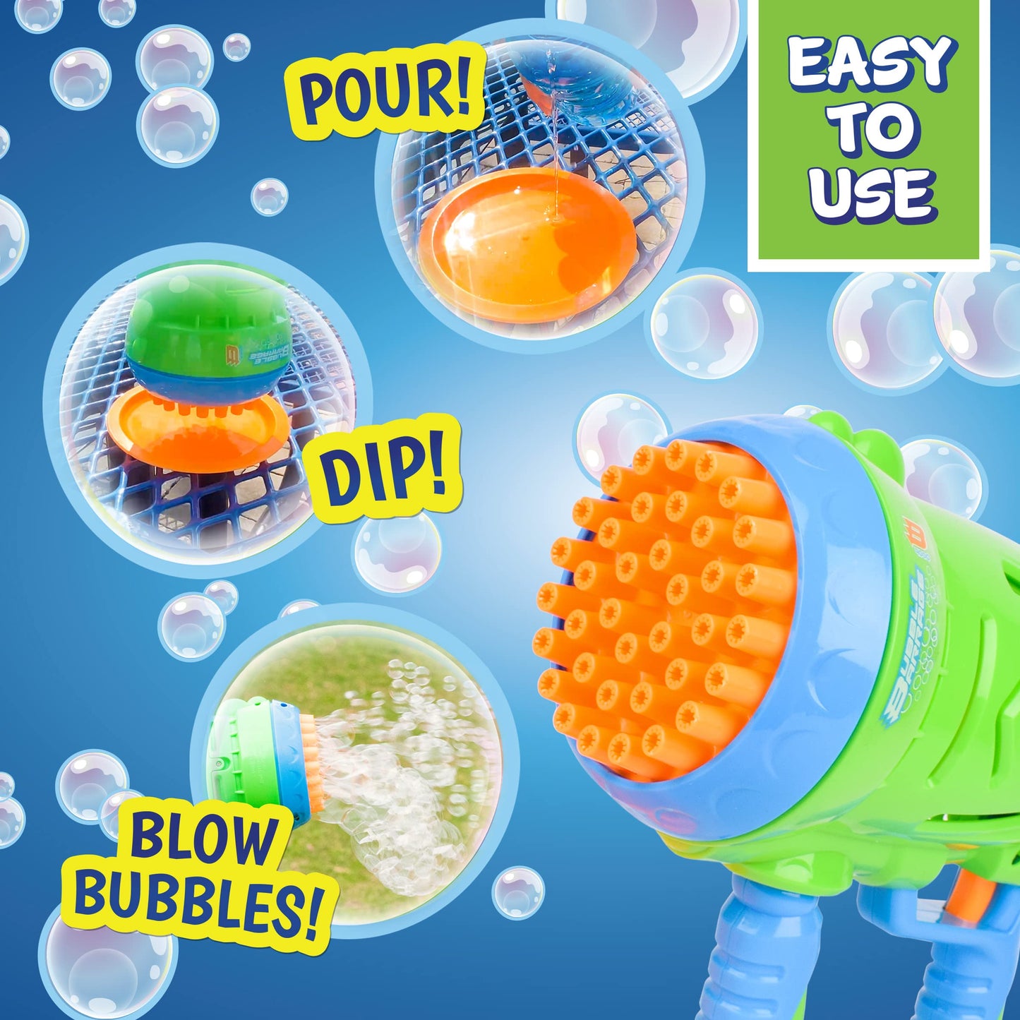 Maxx Bubbles Automatic Bubble Barrage Gun Includes Non Toxic Bubble Solution and Dip Tray, Bubble Barrage, Bubble Blaster for Outdoors, Adult, Kids
