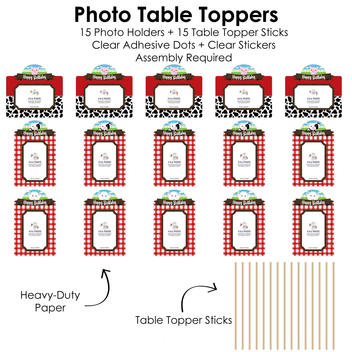 Big Dot of Happiness Farm Animals - Barnyard Birthday Party Picture Centerpiece Sticks - Photo Table Toppers - 15 Pieces