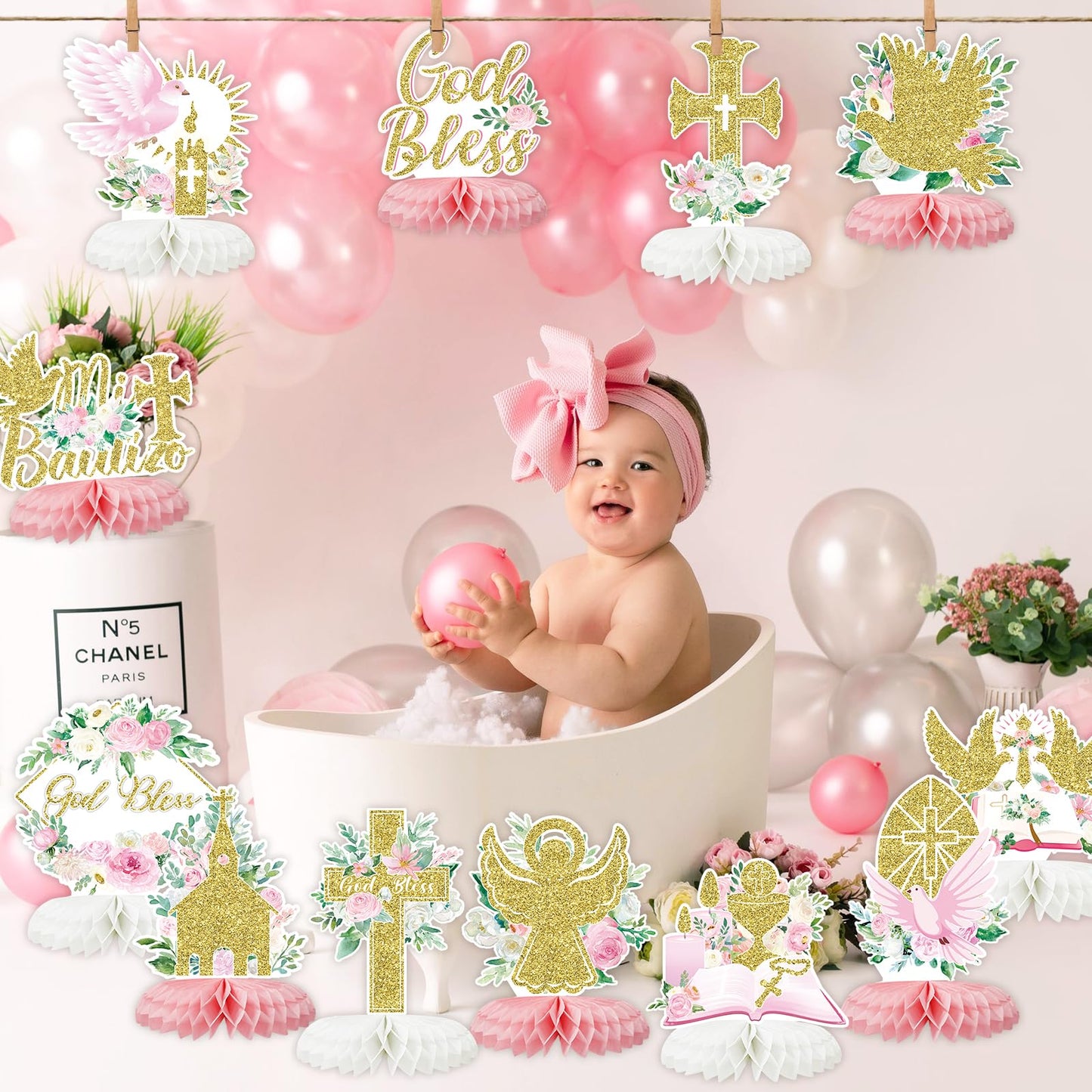 12Pcs Baptism Honeycomb Centerpieces Party Decor,Pink God Bless Cross Religious Baptism Table Centerpieces for Baby Shower First Communion Birthday