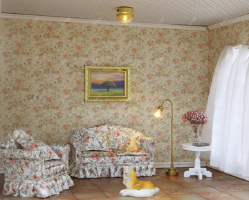 iLAND Dollhouse Furniture of Dollhouse Couch Set, Rose & Bird Pleated Sofa with Wood Coffee Table, Elegant Doll House Accessories and Furniture