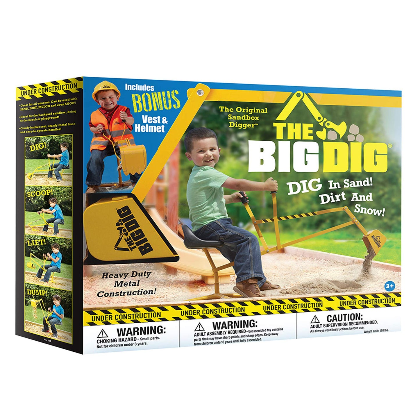 The Big Dig Sandbox Digger Excavator Ride On Crane, Safety Vest & Helmet Bundle Outdoor Pretend Play Construction Toy with 360 Degree Rotating Boom