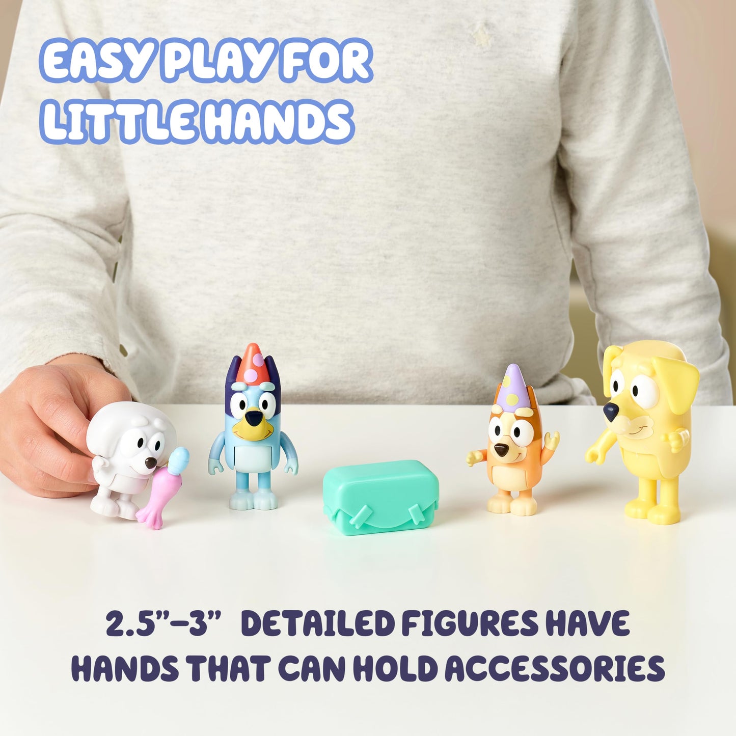 Bluey Pass The Parcel Figurine Toys Pack of 4, Character Toys with Bingo, Lucky’s Dad, and Lila Figures, Small Action Figures for Kids Ages 3+