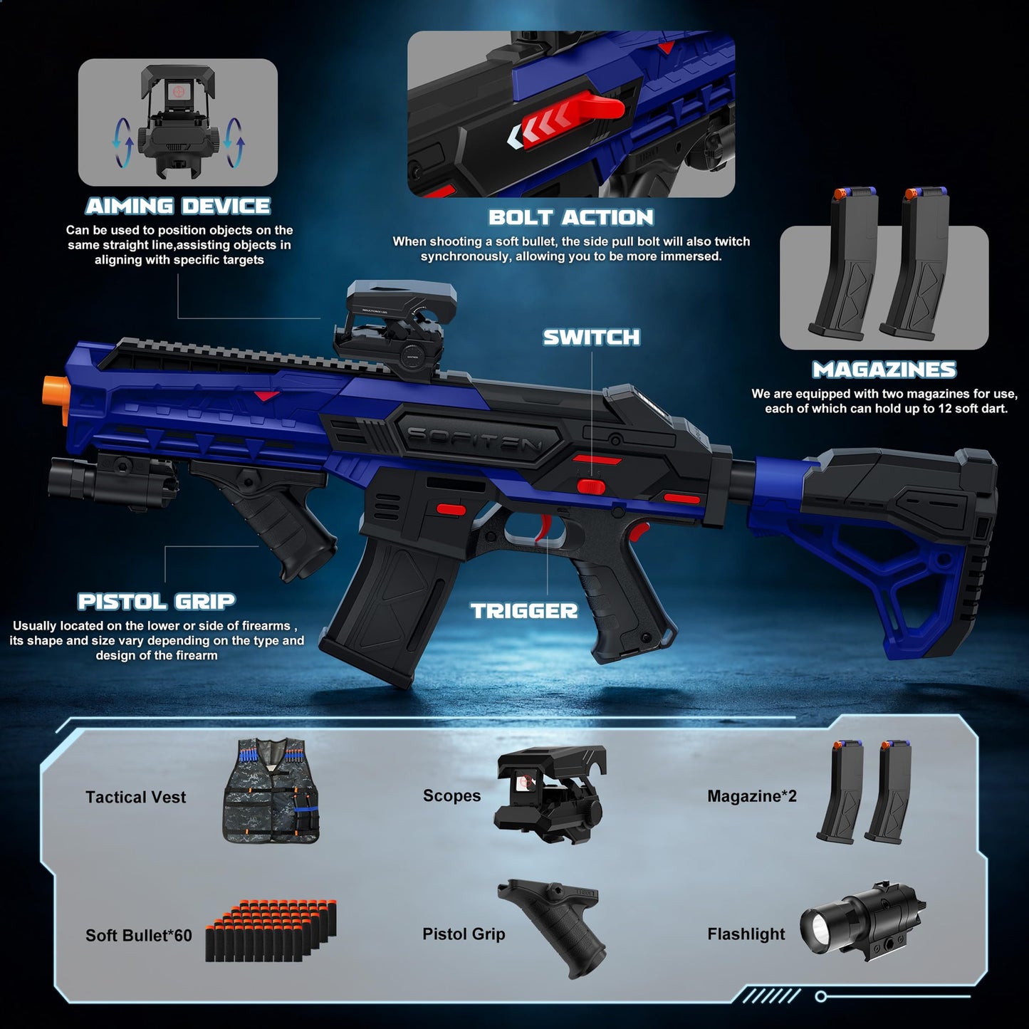 SOFITEN Automatic Toy Gun with Adjustable Scope, Electric Toy Sniper Rifle Foam Dart Blaster with Vest, Flashlight, Grip, Indoor Outdoor Shooting