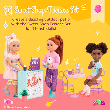 Glitter Girls - 14-Inch Doll Accessories - Shop Terrace Playset with 60+ Pieces - Patio Furniture Set - Table & Chairs for Sweet Shop - Play Food &