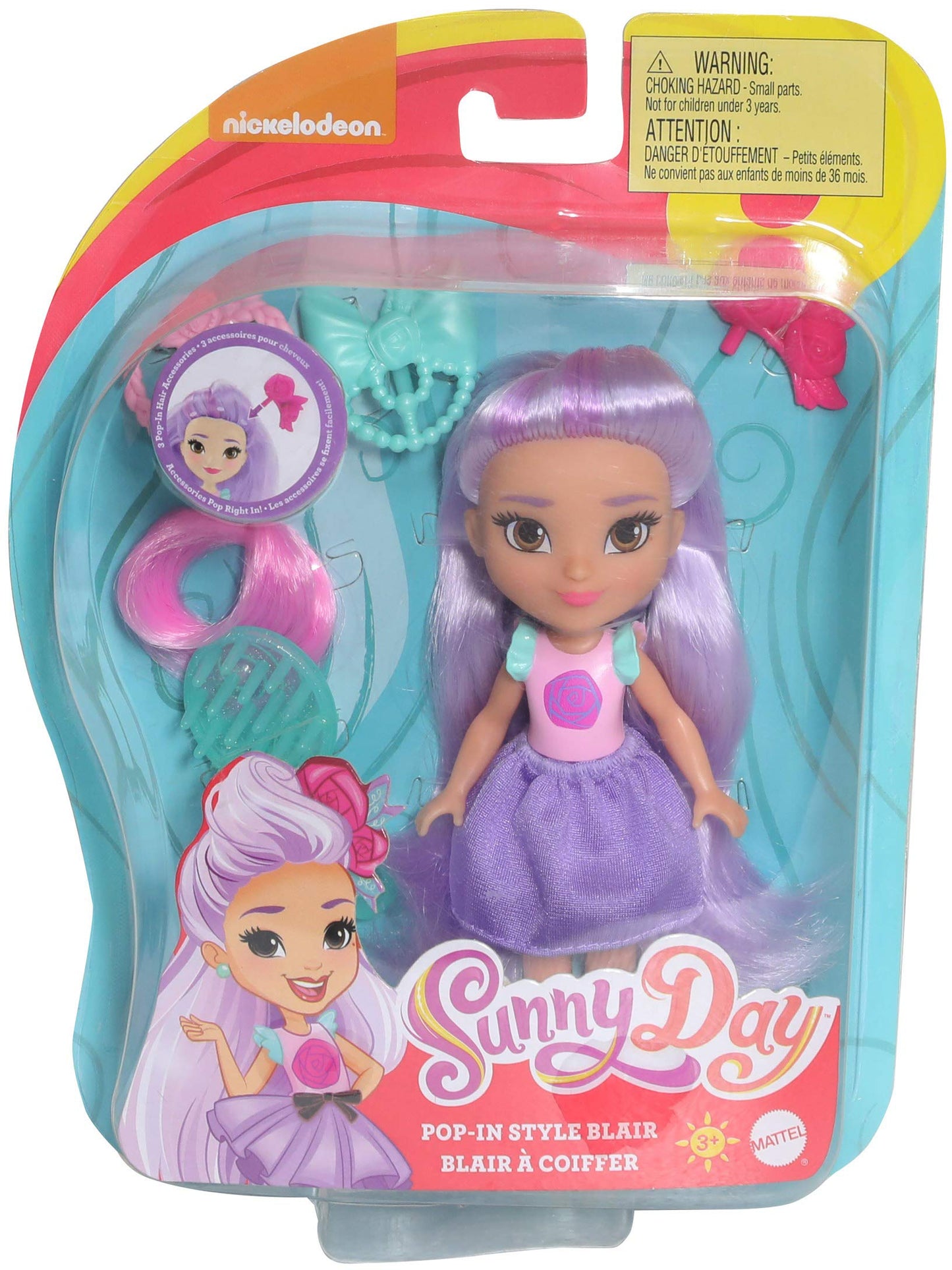 Fisher-Price Preschool Toy Sunny Day Pop-In Style Blair, 6-Inch Poseable Doll with 3 Hair Accessories for Pretend Play Ages 3+ Years