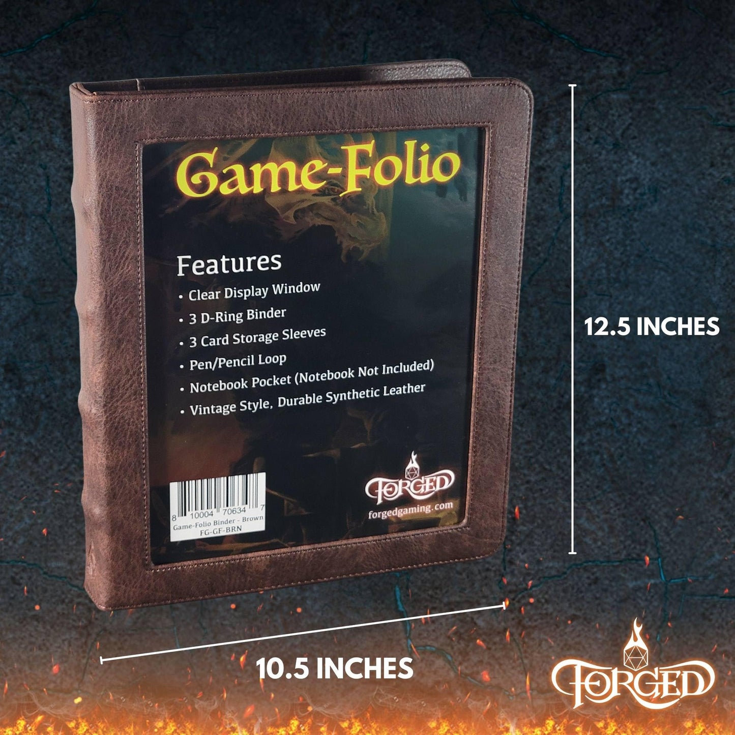 Forged Dice Co. Game-Folio PU Leather Portfolio Binder - Gaming Binder for DND Character Sheets with DND Spell Cards Organizer and Clear Front Pocket