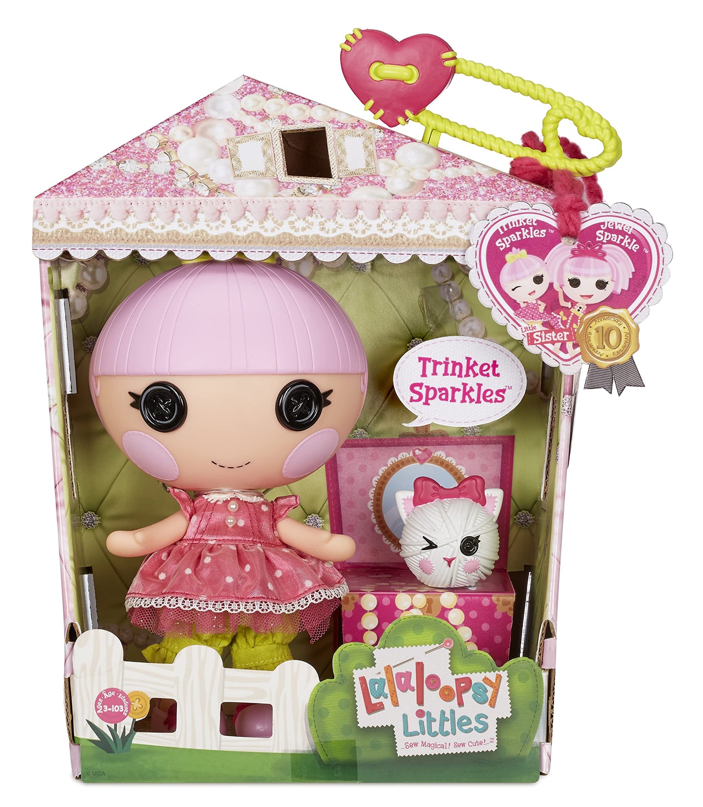 Lalaloopsy Littles Doll- Trinket Sparkles and Pet Yarn Ball Kitten, 7" Princess Doll with Pink Outfit & Accessories, Reusable House Playset- Gifts for