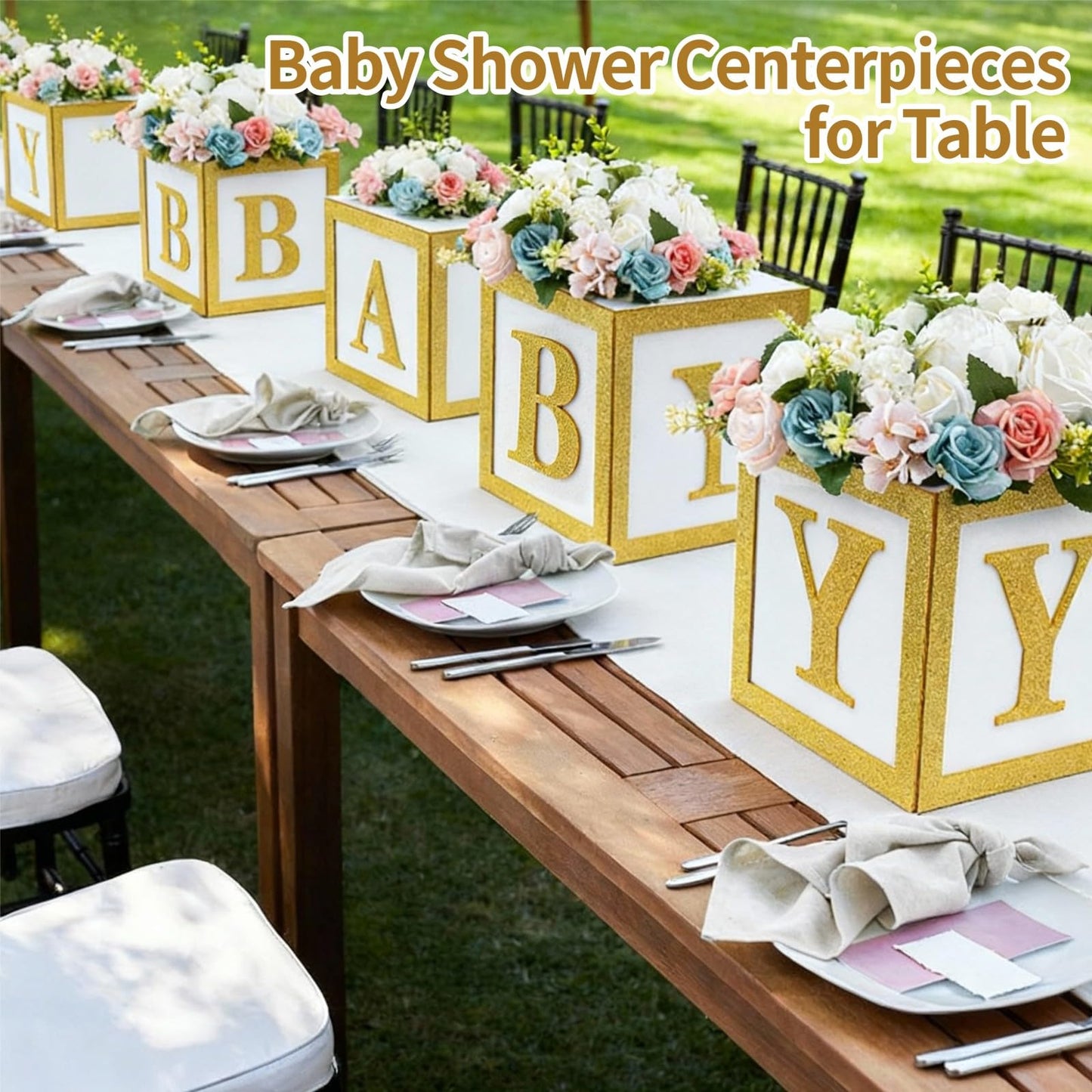Buecobby 6 Set Baby Shower Centerpieces for Table 8 Inch Felt Boxes with Baby Letters for Boy/Girl Neutra,Baby Shower, Gender Revea Party Table Decor
