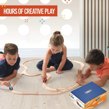 Wooden Train Tracks - 52 PCS Wooden Train Set + 2 Bonus Toy Trains - Train Sets For Kids - Car Train Toys Is Compatible With Thomas Wooden Railway