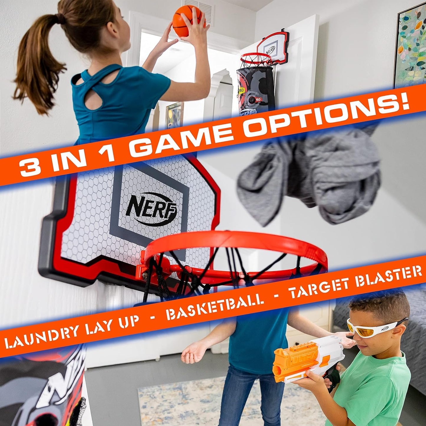 Franklin Sports NERF 3-in-1 Laundry Layup Basketball Hoop Hamper