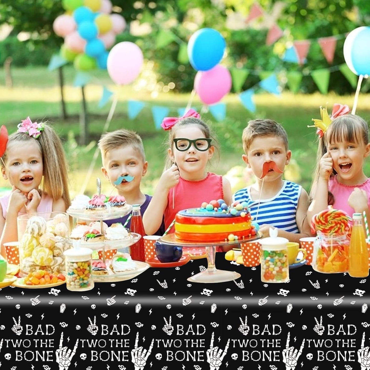 Ertyjikg 3 Pcs Bad Two The Bone Tablecloth Rock Roll 2nd Birthday Party Decorations Plastic Skull Tablecover Backdrop Background Banner for 2nd