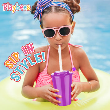 Playbees 12 Pack Neon Sipper Cups - 6 Oz. - Colorful, Spill-Proof Cups with Lids and Straws - Ideal for School Events, Themed Parties, and Birthday