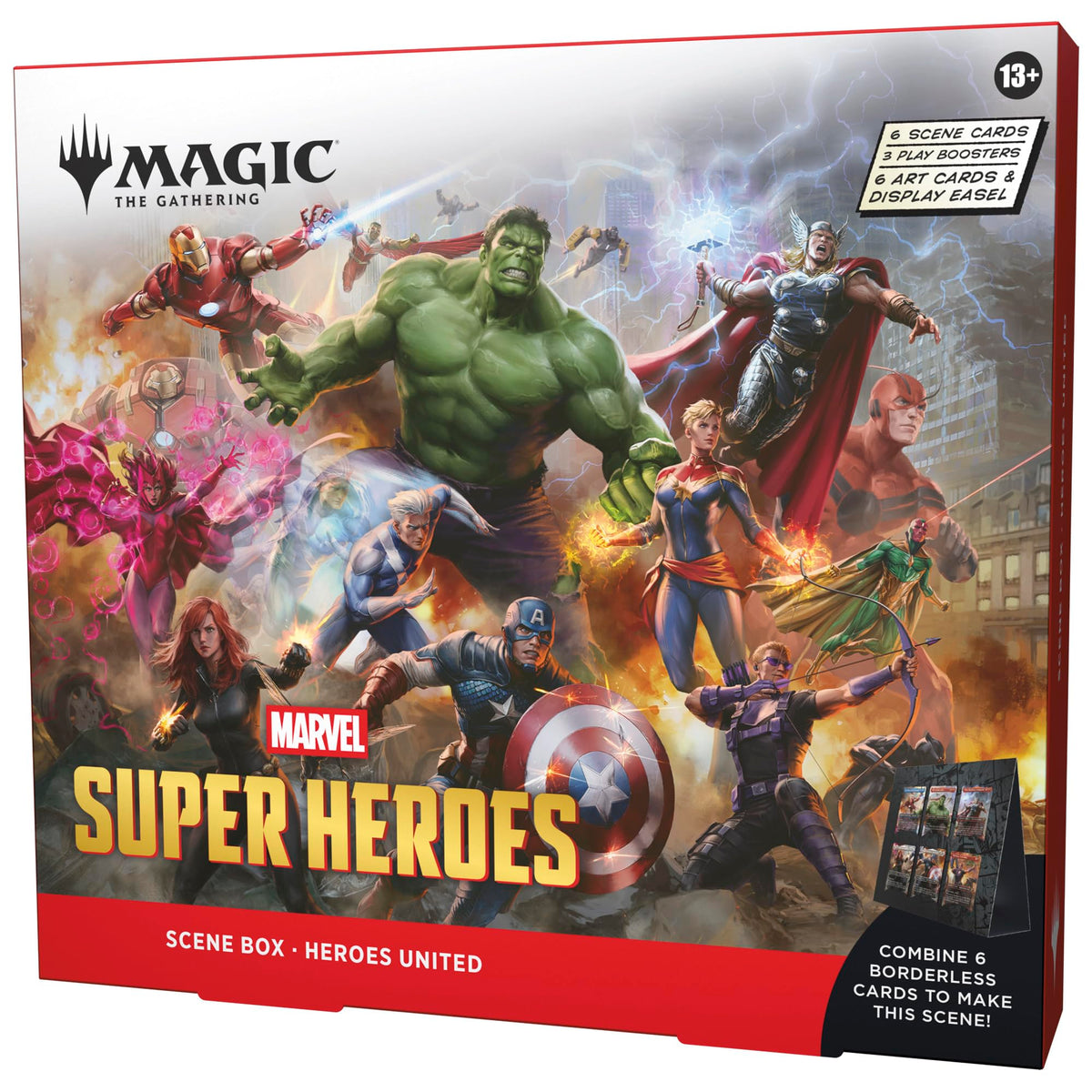 Magic: The Gathering | Marvel Super Heroes Scene Box - Heroes United | 6 Foil Borderless Scene Cards, 6 Art Cards, 3 Play Boosters + Display Easel