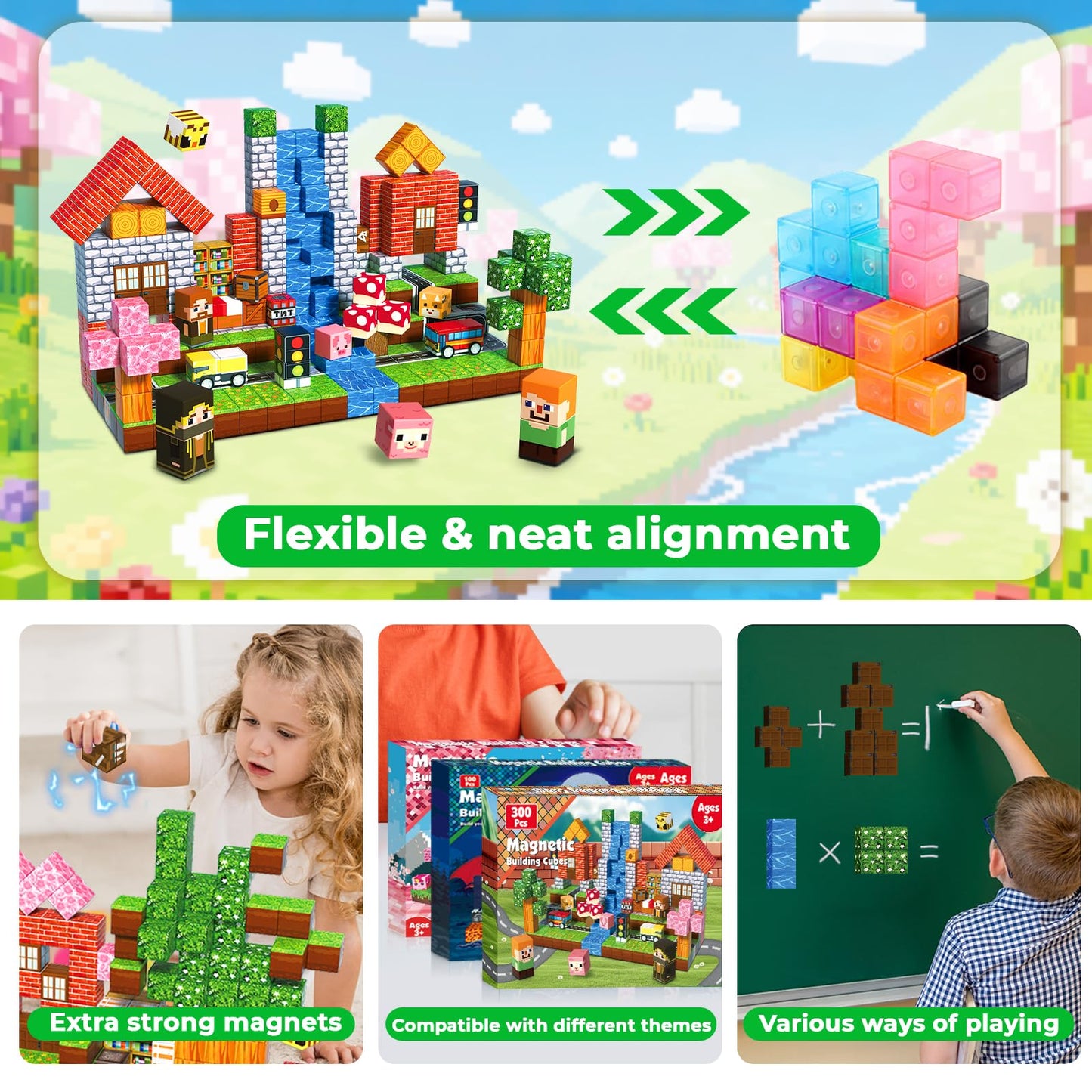 Annexfun Magnetic Blocks - 300PCS Magnetic Building Blocks Road Forest Magnetic Cubes - Sensory Toys for Montessori Toddler Birthday Gifts -STEM