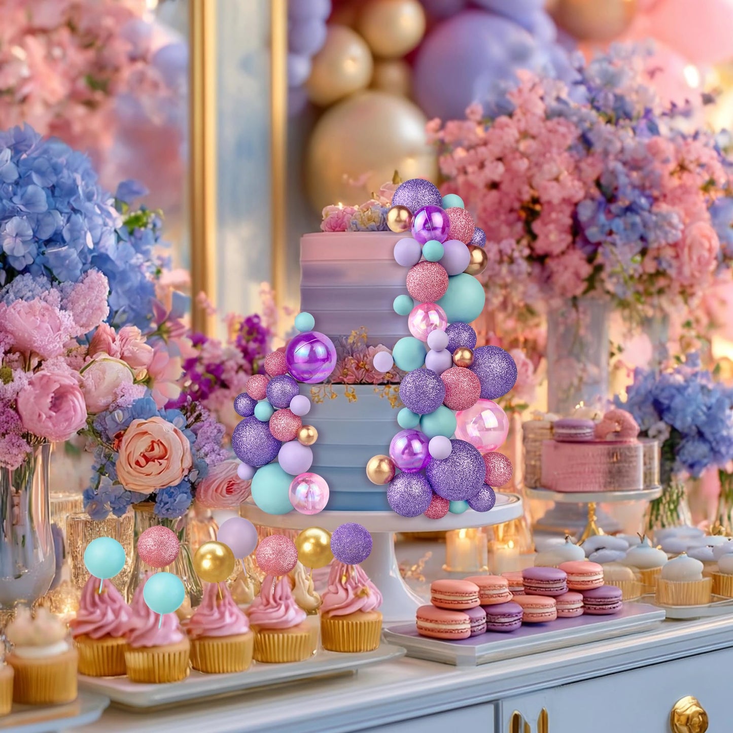 50PCS Macaron Ball Cake Topper Decoration for DIY Baking 5 Sizes Decorative Cake Toppers for Wedding Birthday and Anniversary (Pink Blue Purple)
