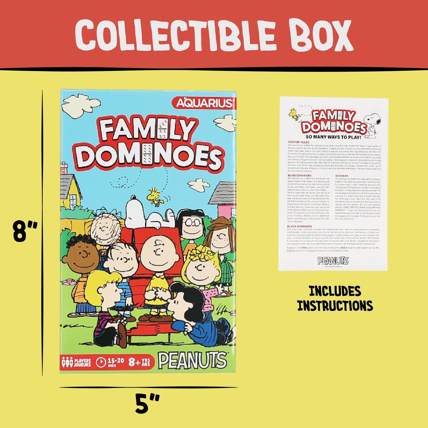 AQUARIUS Peanuts Family Double 6 Dominoes Game - Snoopy & Friends Classic Domino Set for Kids and Adults - 28 Durable Tiles, Officially Licensed