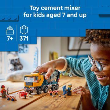 LEGO City Cement Mixer Truck Building Toy for Boys & Girls, Ages 7+ - Pretend Play Construction Toy W/Rotating Drum & 3 Worker Minifigures - Gift Idea