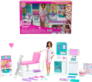 Barbie Fast Cast Clinic Playset, Brunette Barbie Doctor Doll, 30+ Play Pieces, 4 Play Areas, Cast & Bandage Making, Medical & X-ray Stations, Exam