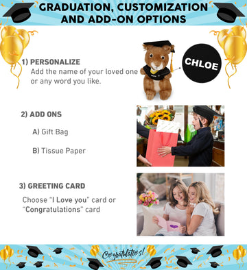 DolliBu Squirrel Graduation Plush Toy - Soft Huggable Graduation Stuffed Animal Dress Up with Gown and Cap with Tassel Outfit with Personalization