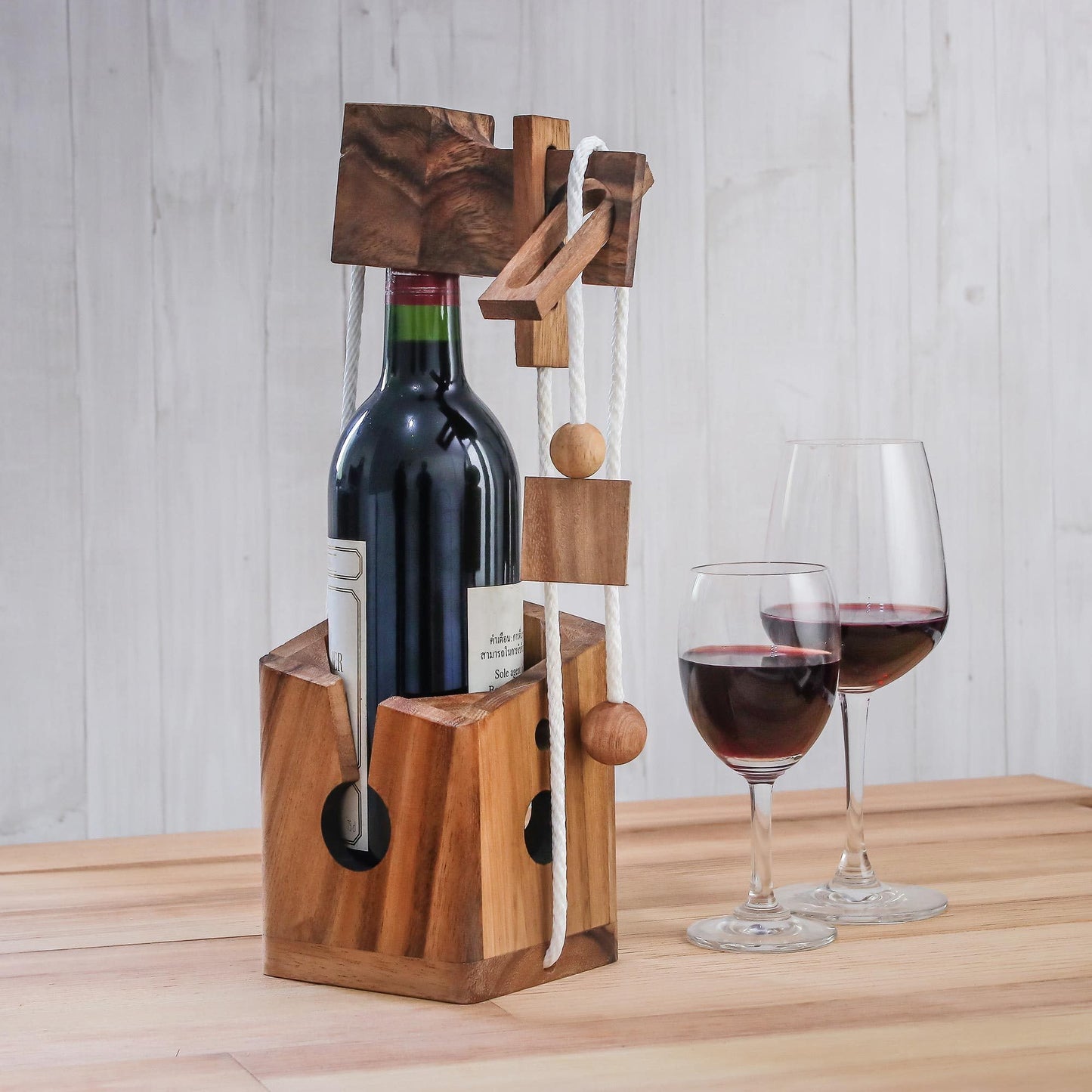 NOVICA Handmade Holder and Puzzle, Brown, Open The Bottle' Wood