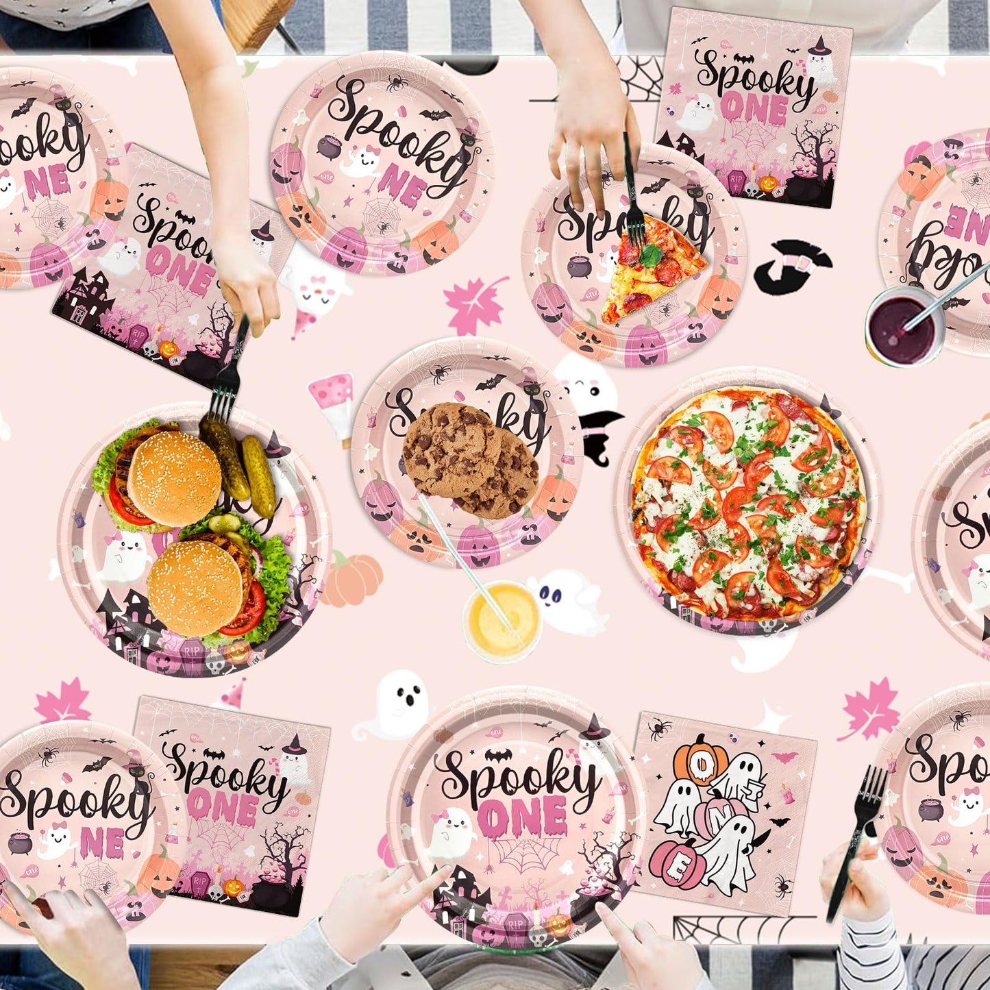 Yavxzvbw 144Pcs Spooky One Birthday Decorations Girl Pink Halloween Plates and Napkins Halloween 1st Birthday Party Decorations for Halloween Birthday