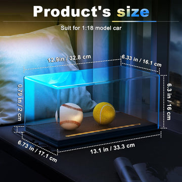 Lighted Display Case for 1/18 Scale Model Cars , No Assemble Show Case with Lights and Leather Base, Clear Acrylic Display Box for Cars Baseball