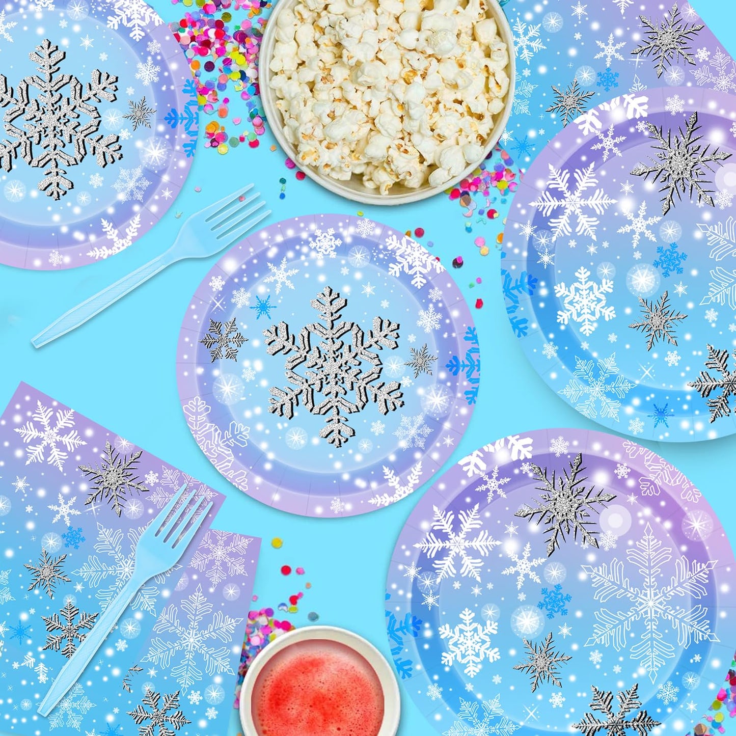 Winter Snowflake Birthday Party Supplies 96 PCS Christmas Snowflake Paper Plates and Napkins Forks Disposable Tableware Set for Christmas Winter