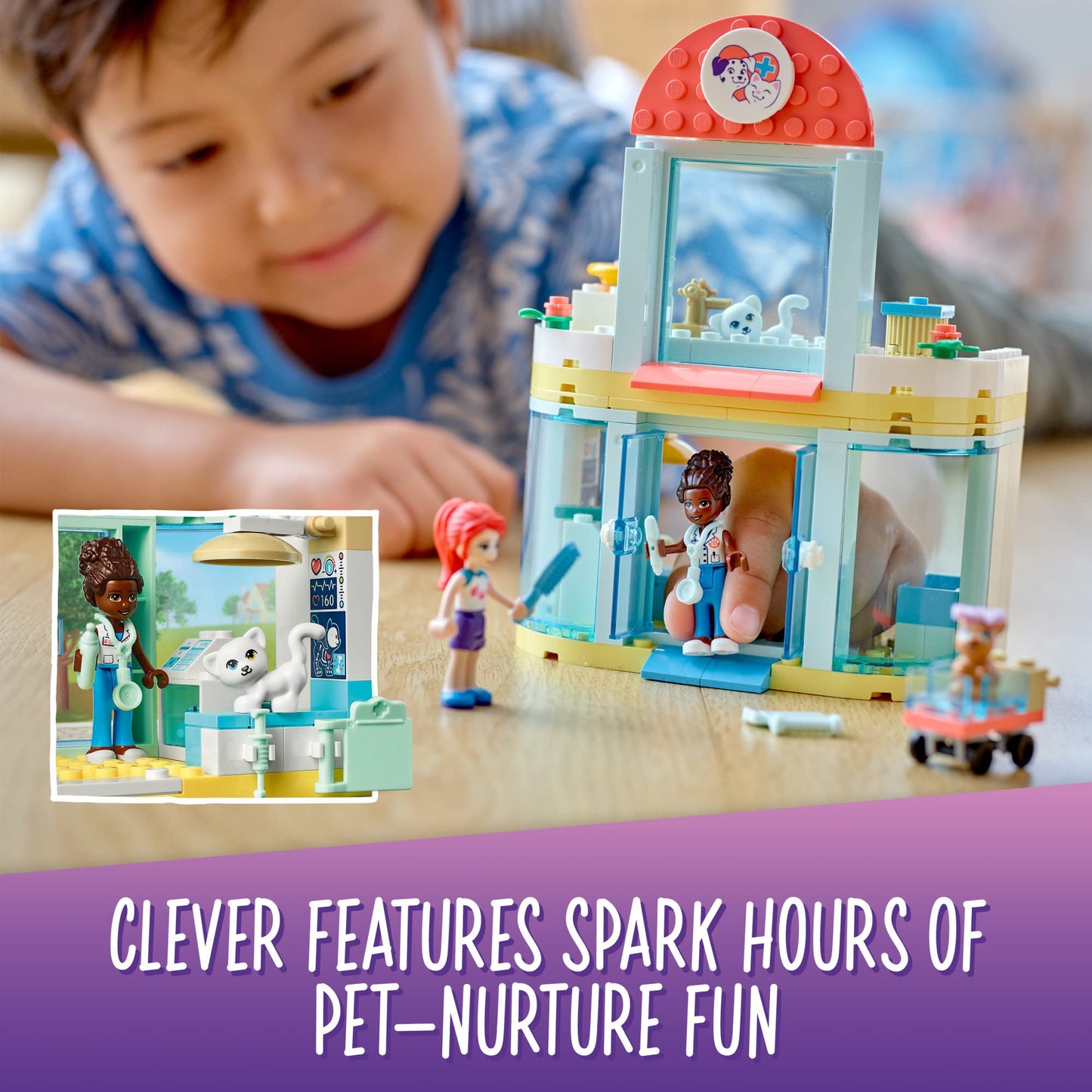 LEGO Friends Pet Clinic 41695 Building Kit; with 2 Mini-Dolls Including Mia, Plus Cat and Rabbit Toys; Creative Birthday Gift for Kids Aged 4 and up