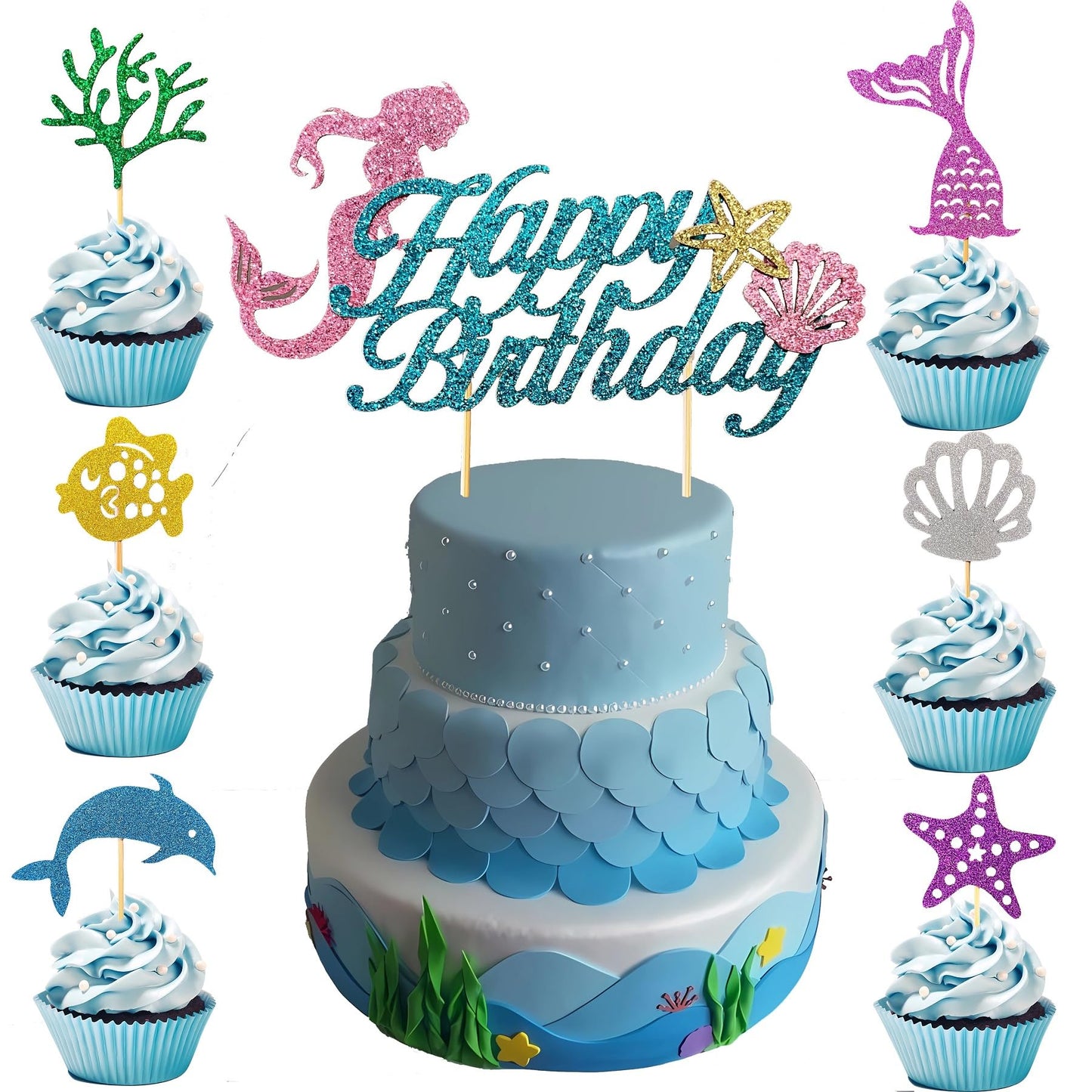 13 Pcs Mermaid Birthday Cake Toppers Set - Sparkling Ocean Theme Decor with Happy Birthday Topper and 12 Colorful Undersea Elements Cupcake Picks